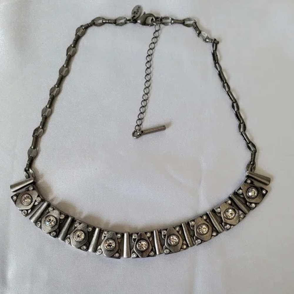 Chic Lia Sophia Matrix Geometric Silvertone Necklace, Retired.